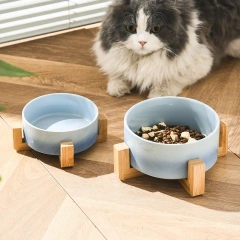 Gradient Color Cat Food Bowl Ceramic Wood Stand Elevated Cat Bowls Pet Dog Bowl