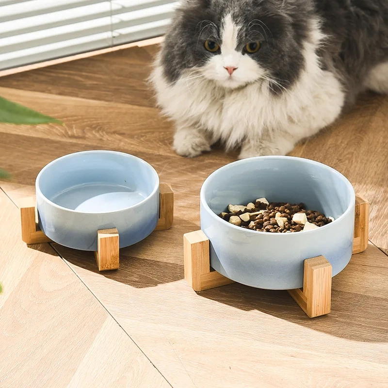 Gradient Color Cat Food Bowl Ceramic Wood Stand Elevated Cat Bowls Pet Dog Bowl