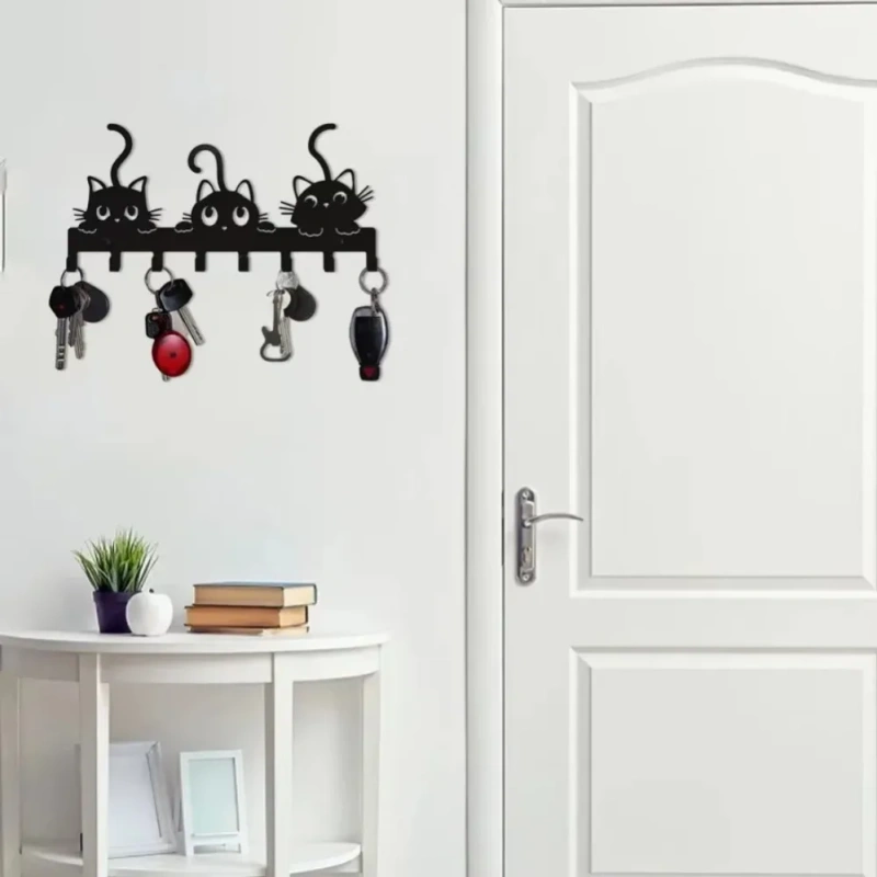Festive Cat-Shaped Iron Wall Rack – Multifunctional 5-Hook Key Holder | Decorative Hanger for Keys, Small Items