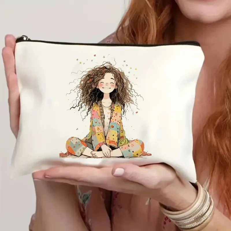 Cat, Strawberry Girl, Friendship Pattern, Travel Supplies Bag, Waterproof Polyester Zipper Bag, Cosmetics, Accessories