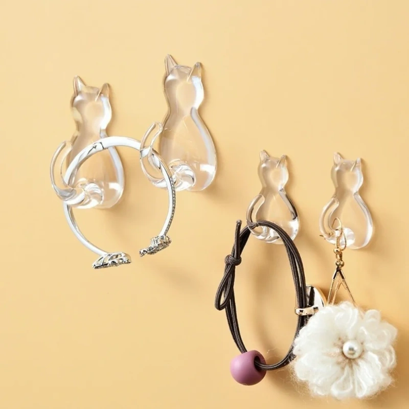 5Pcs Creative Wall Mounted Cat Tail Sticky Hooks Waterproof No-Drilling Towels Rack Transparent Wall Hook Home Accessories