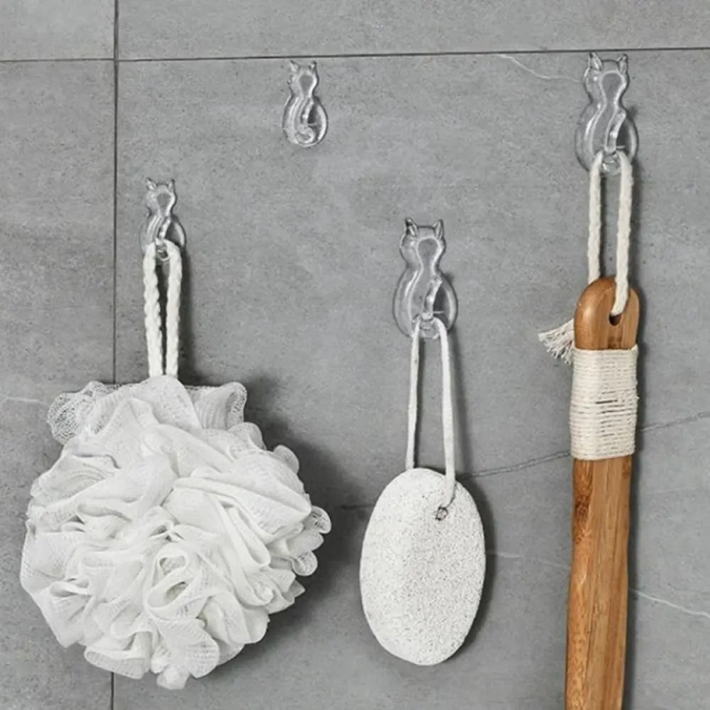 5Pcs Creative Wall Mounted Cat Tail Sticky Hooks Waterproof No-Drilling Towels Rack Transparent Wall Hook Home Accessories