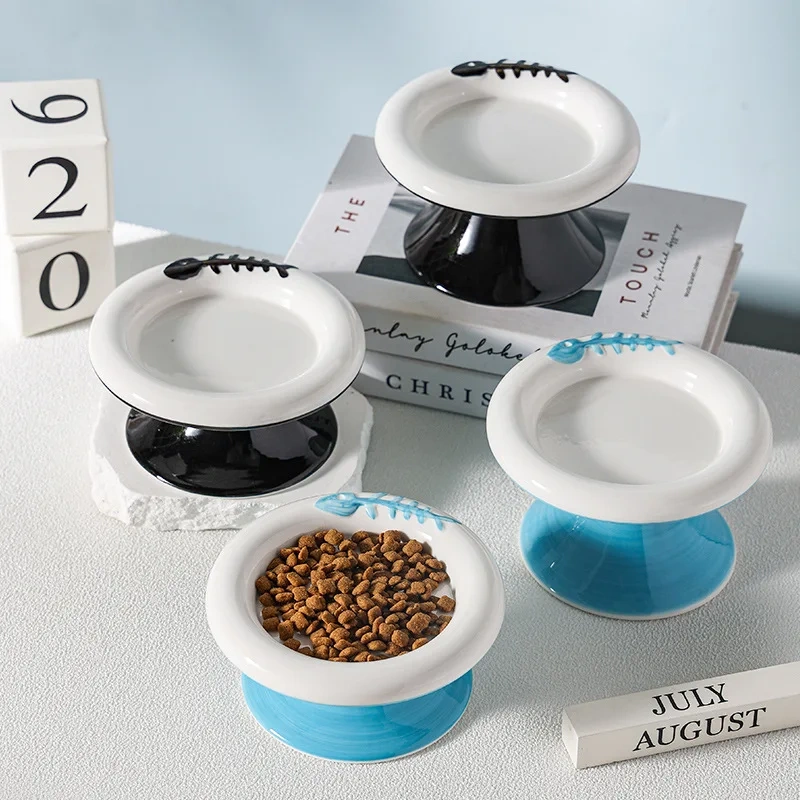 High Low Foot Ceramic Pet Bowl Flower Shape Design Anti Overturning Shallow Feeder for Dog Cat Accessories