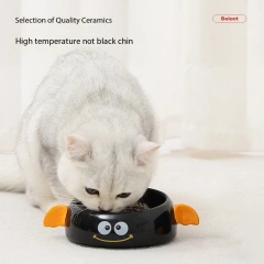 Cute Black Cartoon Design Ceramic Pet Food Water Bowl Cat Dog Feeder 2 Layer Neck Protect High Foot Set Bowl for Small Animal