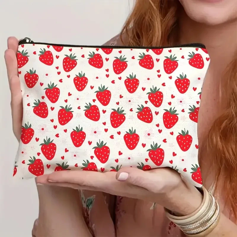 Cat, Strawberry Girl, Friendship Pattern, Travel Supplies Bag, Waterproof Polyester Zipper Bag, Cosmetics, Accessories