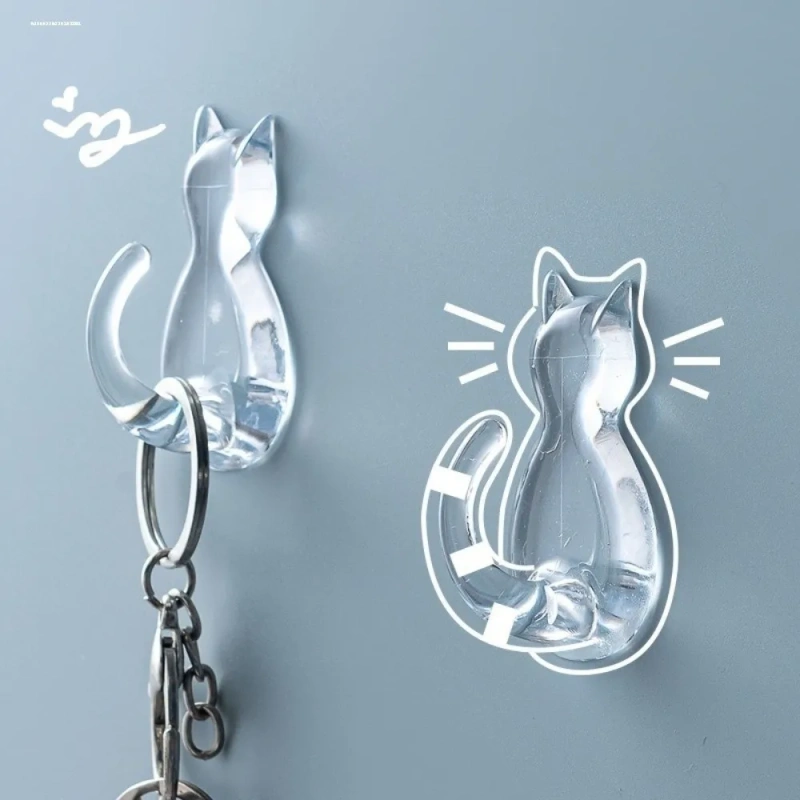 5Pcs Creative Wall Mounted Cat Tail Sticky Hooks Waterproof No-Drilling Towels Rack Transparent Wall Hook Home Accessories