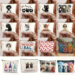 Cat, Strawberry Girl, Friendship Pattern, Travel Supplies Bag, Waterproof Polyester Zipper Bag, Cosmetics, Accessories