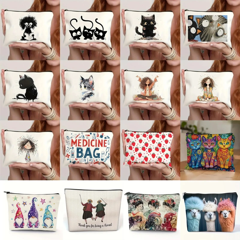 Cat, Strawberry Girl, Friendship Pattern, Travel Supplies Bag, Waterproof Polyester Zipper Bag, Cosmetics, Accessories