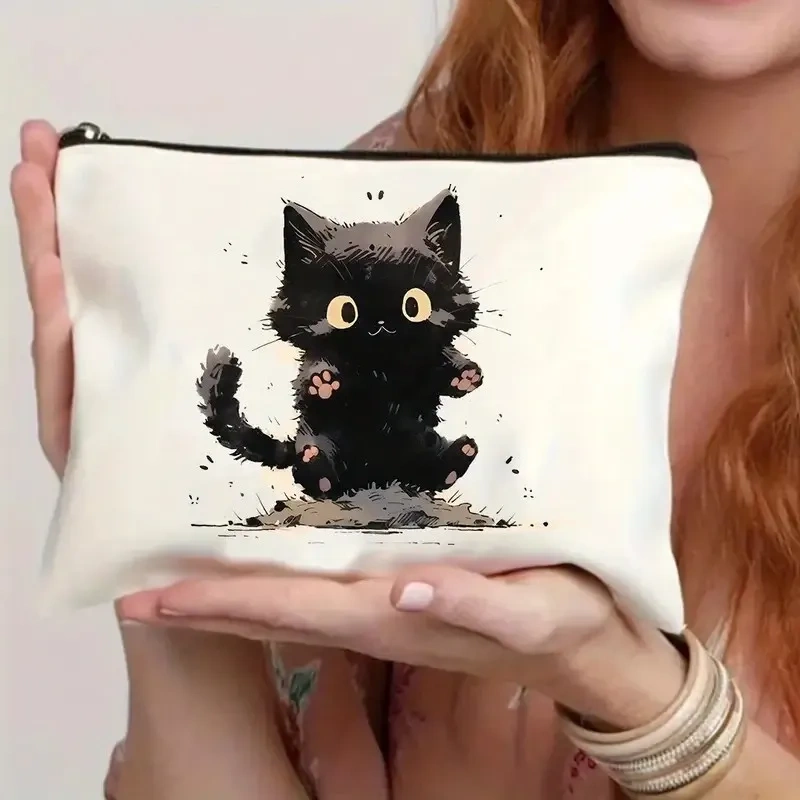 Cat, Strawberry Girl, Friendship Pattern, Travel Supplies Bag, Waterproof Polyester Zipper Bag, Cosmetics, Accessories