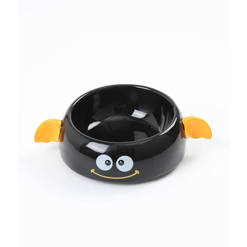 Cute Black Cartoon Design Ceramic Pet Food Water Bowl Cat Dog Feeder 2 Layer Neck Protect High Foot Set Bowl for Small Animal