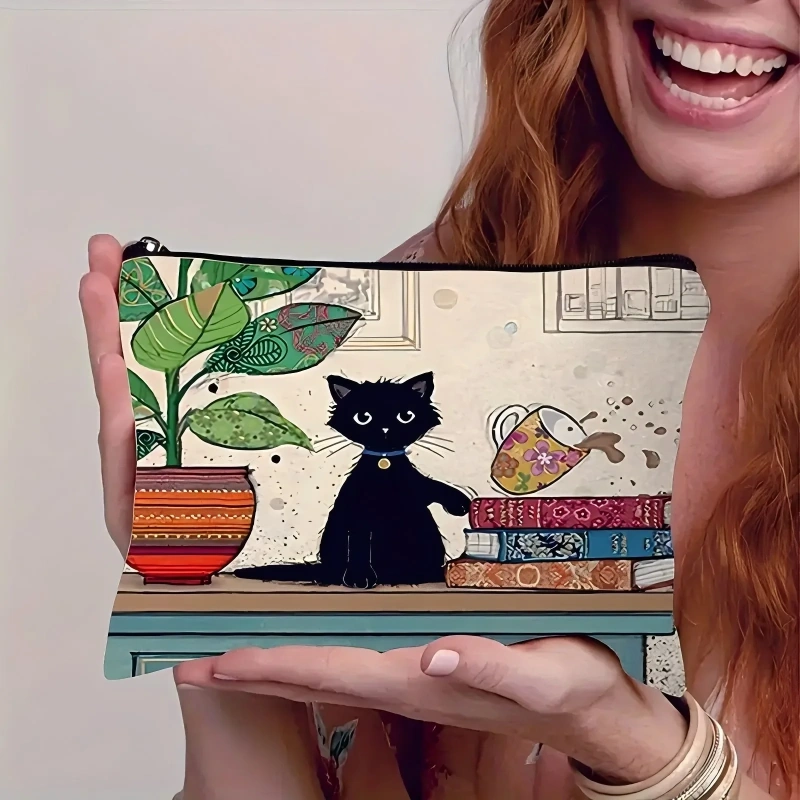 Cat, Strawberry Girl, Friendship Pattern, Travel Supplies Bag, Waterproof Polyester Zipper Bag, Cosmetics, Accessories