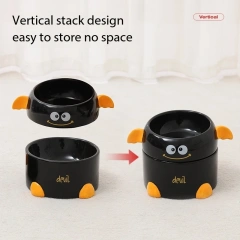 Cute Black Cartoon Design Ceramic Pet Food Water Bowl Cat Dog Feeder 2 Layer Neck Protect High Foot Set Bowl for Small Animal