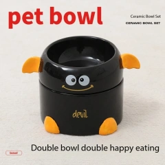 Cute Black Cartoon Design Ceramic Pet Food Water Bowl Cat Dog Feeder 2 Layer Neck Protect High Foot Set Bowl for Small Animal