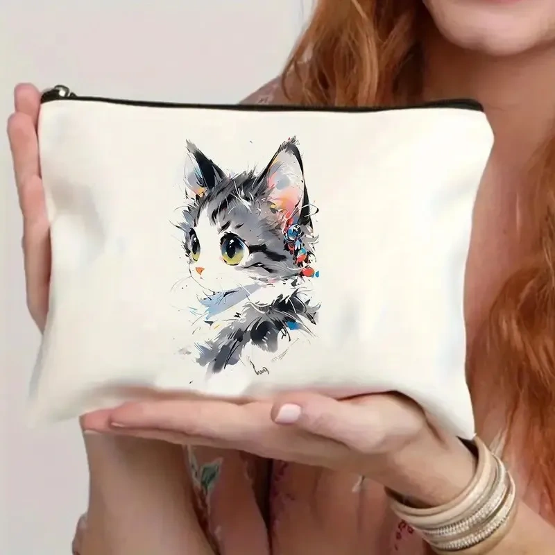 Cat, Strawberry Girl, Friendship Pattern, Travel Supplies Bag, Waterproof Polyester Zipper Bag, Cosmetics, Accessories