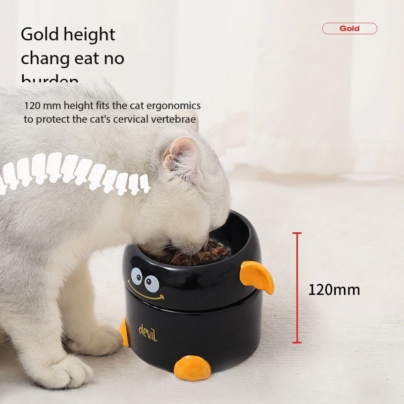 Cute Black Cartoon Design Ceramic Pet Food Water Bowl Cat Dog Feeder 2 Layer Neck Protect High Foot Set Bowl for Small Animal