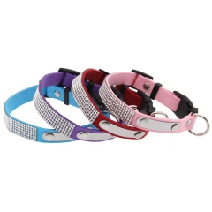 Rhinestone Cat Collar Leather Stainless Steel Engraved Small Pet Leash Collar