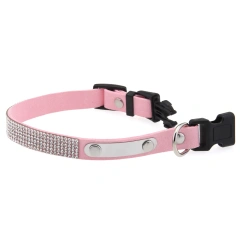 Rhinestone Cat Collar Leather Stainless Steel Engraved Small Pet Leash Collar