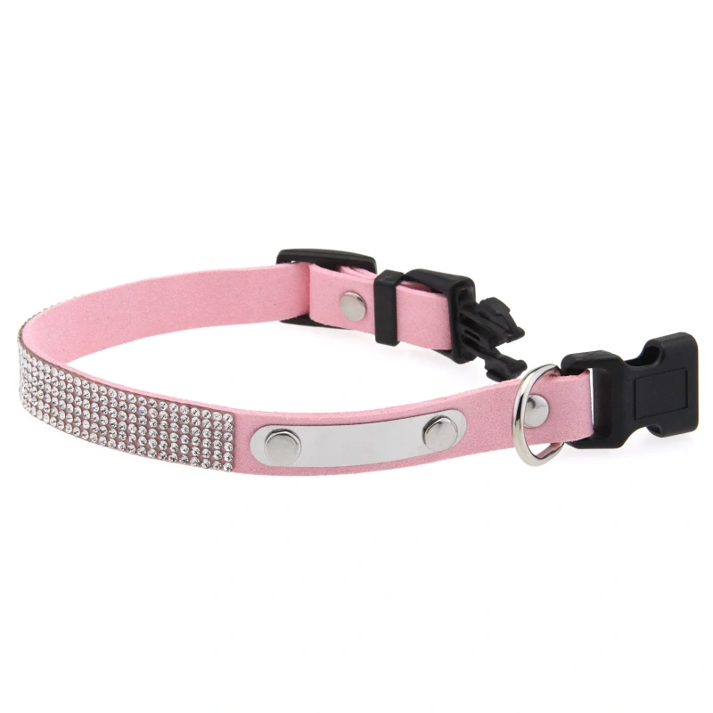 Rhinestone Cat Collar Leather Stainless Steel Engraved Small Pet Leash Collar