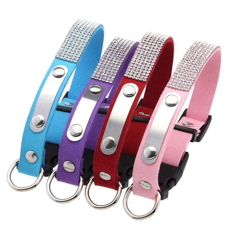 Rhinestone Cat Collar Leather Stainless Steel Engraved Small Pet Leash Collar