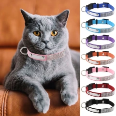 Rhinestone Cat Collar Leather Stainless Steel Engraved Small Pet Leash Collar