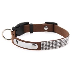Rhinestone Cat Collar Leather Stainless Steel Engraved