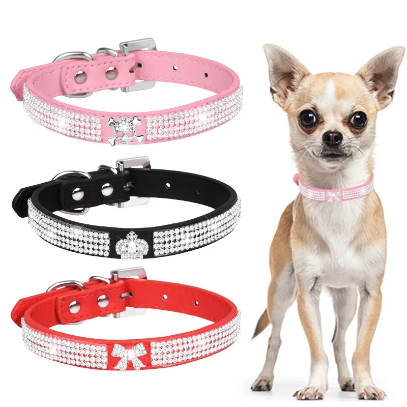 24 Colors Bling Cute Dazzling Sparkling Full Crystal Soft Suede Leather Rhinestone Dog Collar for Pet Dogs Cats Puppy