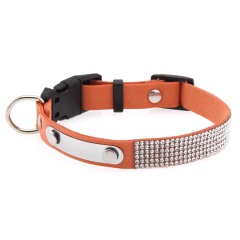 Rhinestone Cat Collar Leather Stainless Steel Engraved