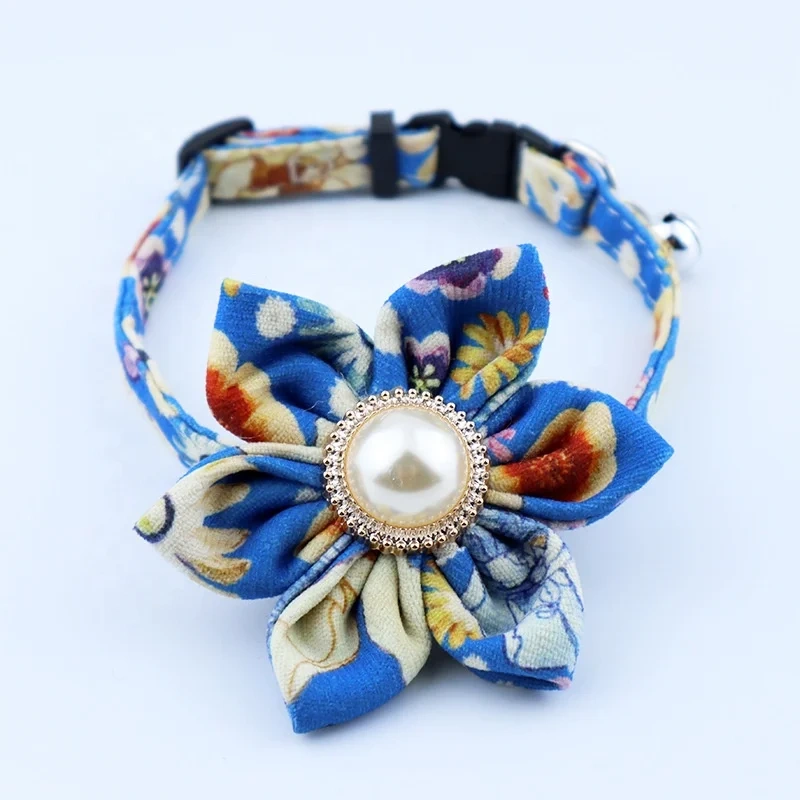 Minerva Factory Floral Print Pearl Decoration Removable Flower Sashy Bell Adjustable Pet Cat Puppy Collar Set Pet Accessories