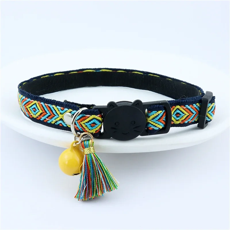 Adjustable Cat Collar, Jacquard Embroidered Plaid Cat Collar with Bells and Floral Pendant Prevent Loss Fits Pet Cats & Puppies