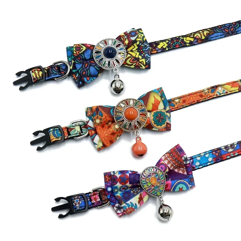 18-28cm Bohemian Style Cat Adjustable Collar Vintage Gorgeous Bow Bell Pet Cat Small Dog Collar Pet Accessories