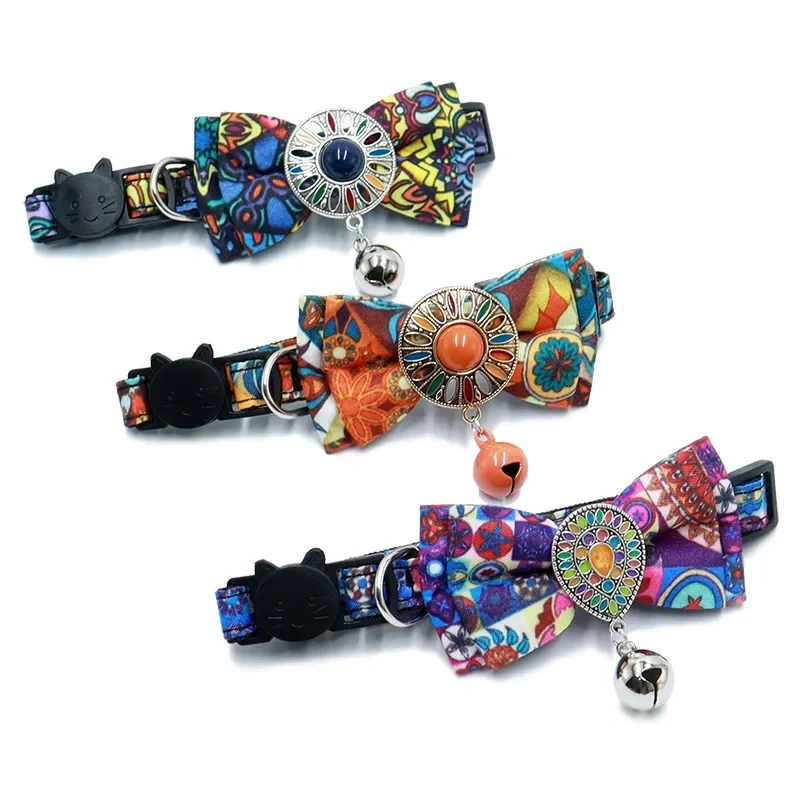 18-28cm Bohemian Style Cat Adjustable Collar Vintage Gorgeous Bow Bell Pet Cat Small Dog Collar Pet Accessories