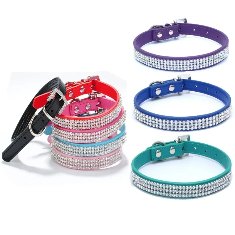 Shiny Rhinestone Pet Collars for Small and Medium-sized Dogs, Multi-row Net Diamonds, PU Leather Dog Collars, Adjustable Size