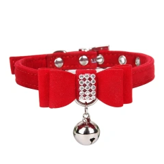 Pet Dogs Collar Rhinestone BowKnot with Bell Kitten Velvet Bow Tie Cute Comfortable Adjustable Elastic Puppy Pet Cats Supplies