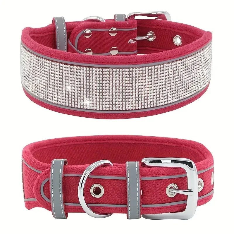 CL202-2D--adjustable suede fabric pet dog collar, rhinestone decoration.