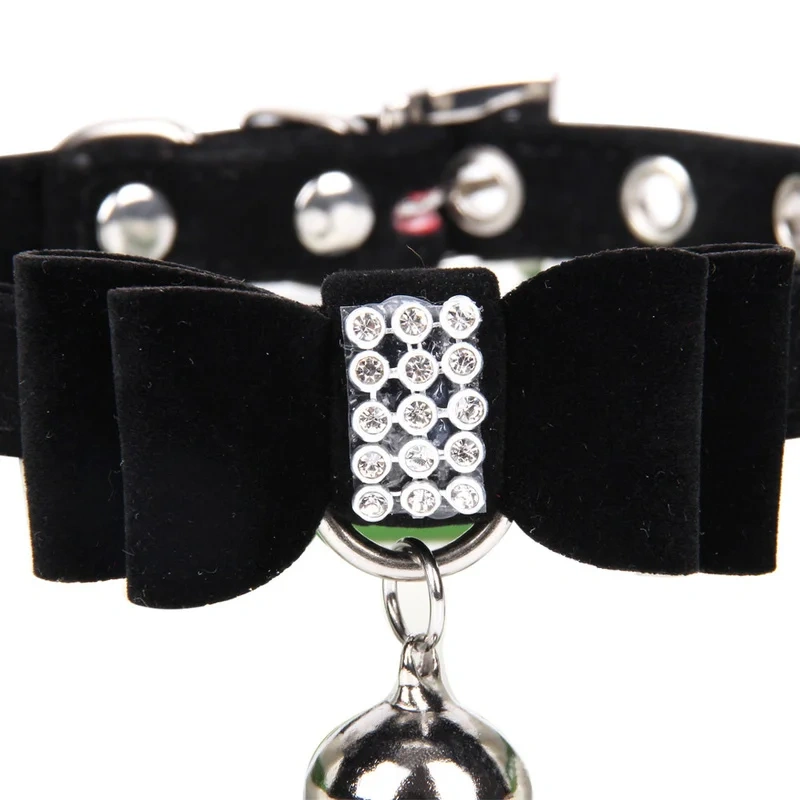 Pet Dogs Collar Rhinestone BowKnot with Bell Kitten Velvet Bow Tie Cute Comfortable Adjustable Elastic Puppy Pet Cats Supplies