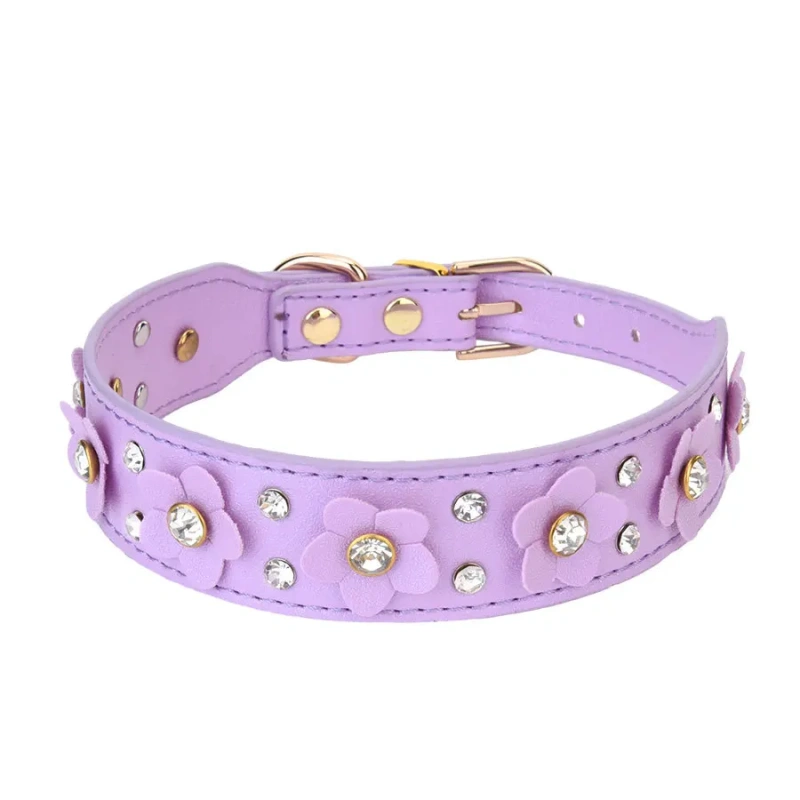 Rhinestone Flower Dog Collar with Multiple Color Options and Durable Leather Material Pet Fashion and Identification Dog Collar