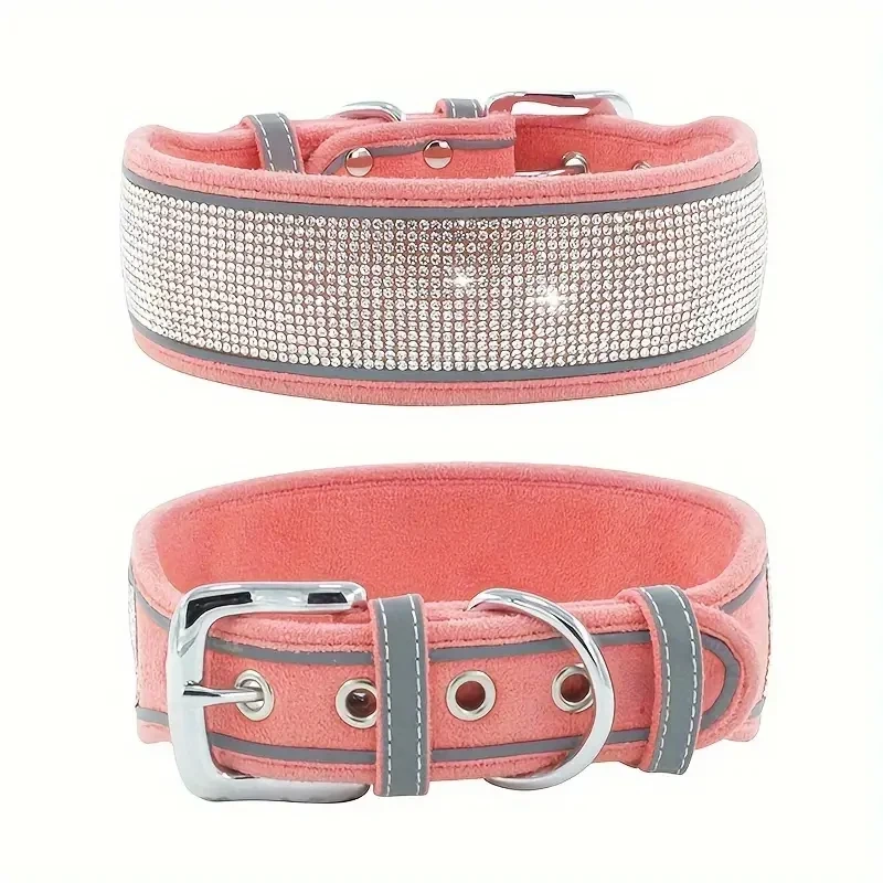 CL202-2D--adjustable suede fabric pet dog collar, rhinestone decoration.