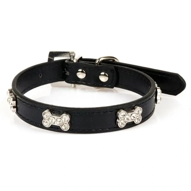 Bling bone Rhinestones Dog Collar pu Leather Adjustable Necklace Pet Dog/cat Collars for Small Medium Dog Pet accessories