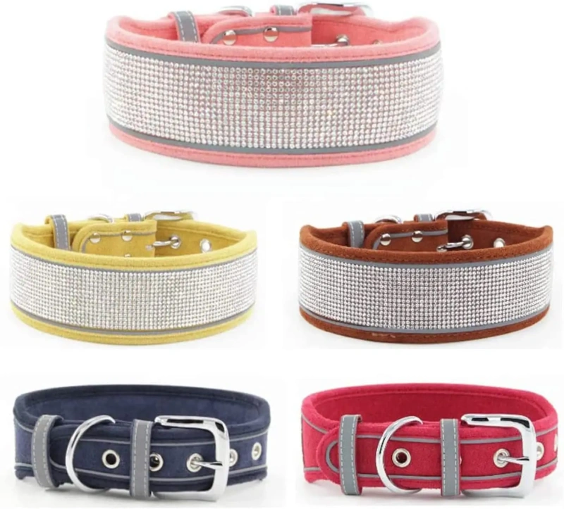 CL202-2D--adjustable suede fabric pet dog collar, rhinestone decoration.