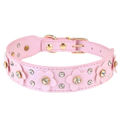 Rhinestone Flower Dog Collar with Multiple Color Options and Durable Leather Material Pet Fashion and Identification Dog Collar