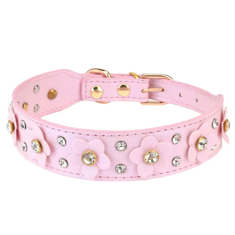 Rhinestone Flower Dog Collar with Multiple Color Options and Durable Leather Material Pet Fashion and Identification Dog Collar