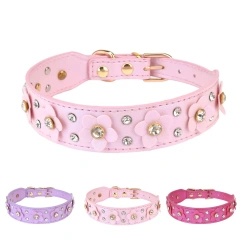 Rhinestone Flower Dog Collar with Multiple Color Options and Durable Leather Material Pet Fashion and Identification Dog Collar