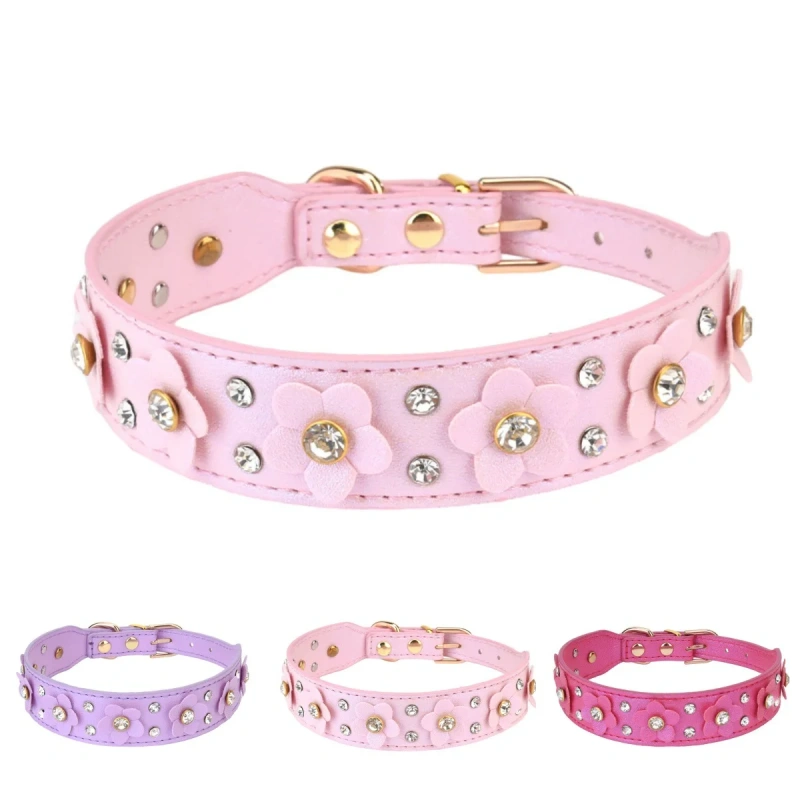 Rhinestone Flower Dog Collar with Multiple Color Options and Durable Leather Material Pet Fashion and Identification Dog Collar