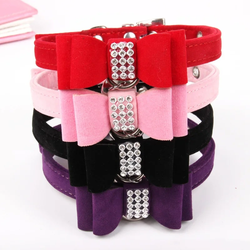 Pet Dogs Collar Rhinestone BowKnot with Bell Kitten Velvet Bow Tie Cute Comfortable Adjustable Elastic Puppy Pet Cats Supplies