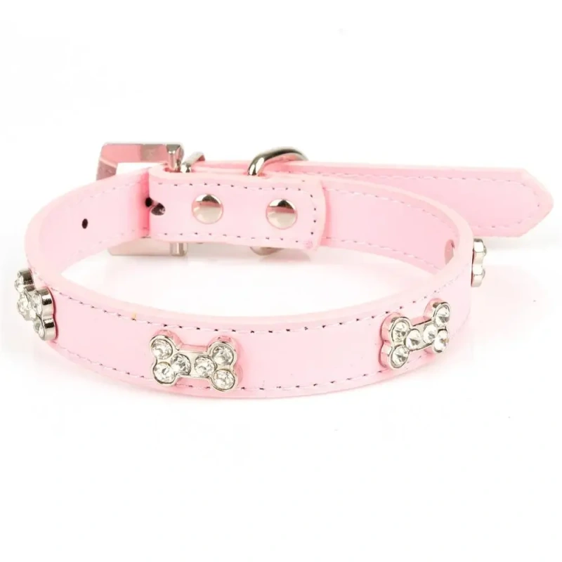 Bling bone Rhinestones Dog Collar pu Leather Adjustable Necklace Pet Dog/cat Collars for Small Medium Dog Pet accessories
