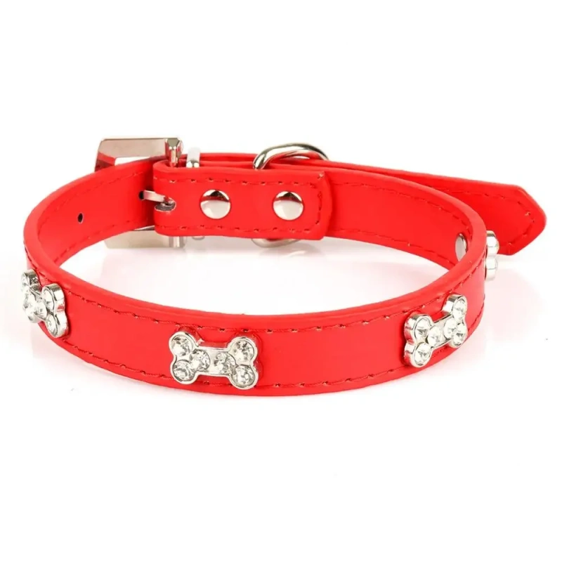 Bling bone Rhinestones Dog Collar pu Leather Adjustable Necklace Pet Dog/cat Collars for Small Medium Dog Pet accessories