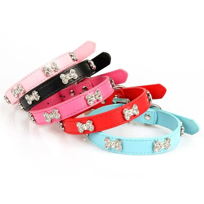 Bling bone Rhinestones Dog Collar pu Leather Adjustable Necklace Pet Dog/cat Collars for Small Medium Dog Pet accessories