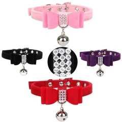 Pet Dogs Collar Rhinestone BowKnot with Bell Kitten Velvet Bow Tie Cute Comfortable Adjustable Elastic Puppy Pet Cats Supplies