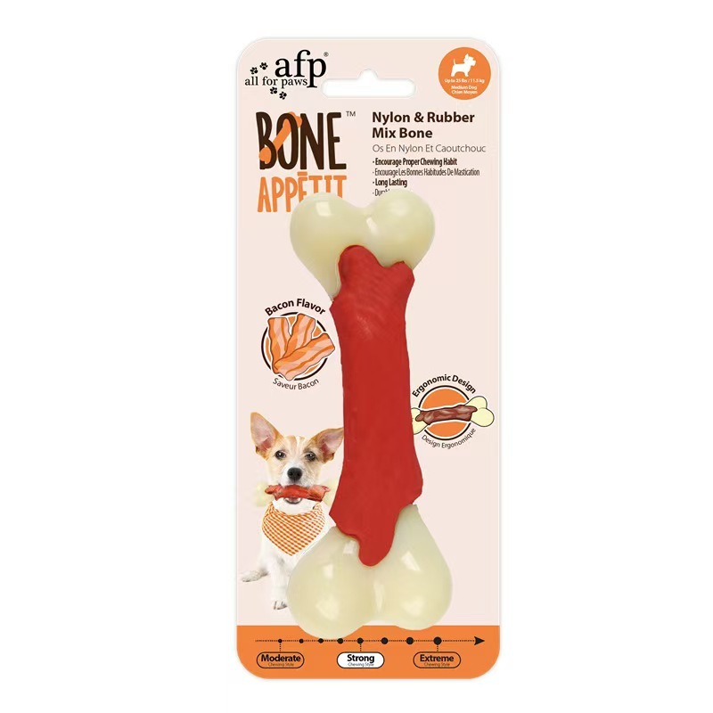 Durable Nylon Rubber Mix Beef Bacon Flavor Infused Dog Chew Bone Toy