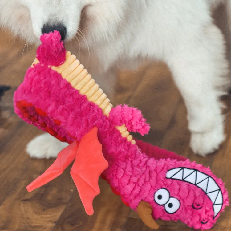 Squeak Dragon Plush Long Dog Tug Toy Interactive Dog Toy Pet Chew Toys With Whole Crinkle Paper for Dog